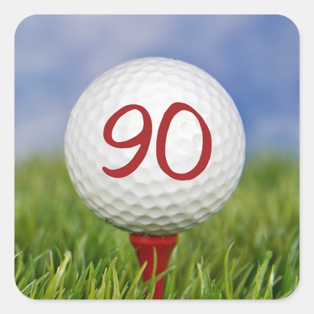golf ball on red tee 90th birthday square sticker (Front)