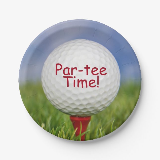 golf ball on red tee in grass paper plates (Front)