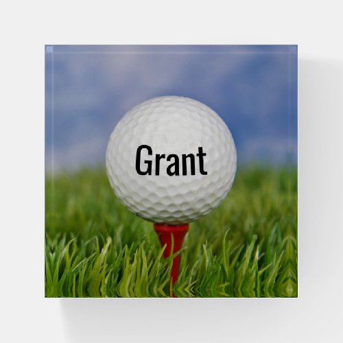 Golf Ball On Red Tee With Name Paperweight