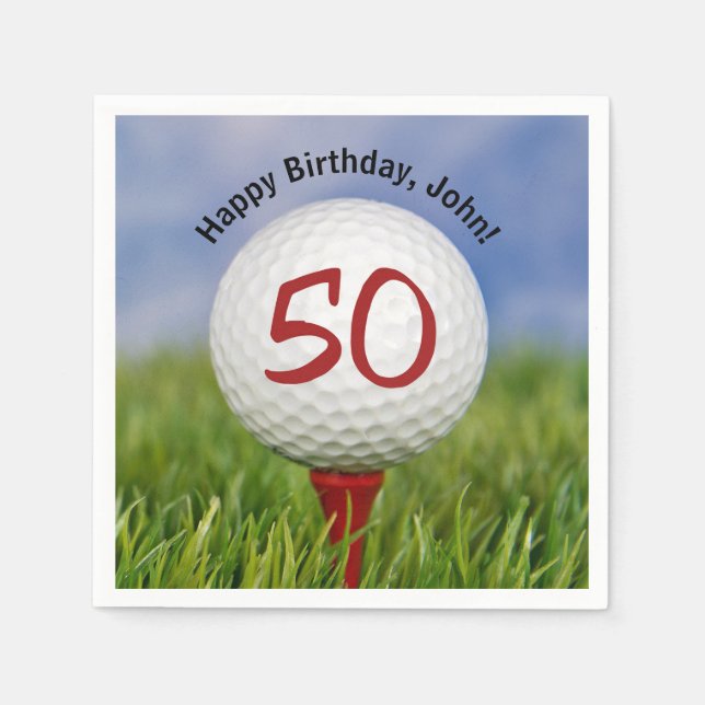 Golf ball on tee for 50th birthday napkins (Front)