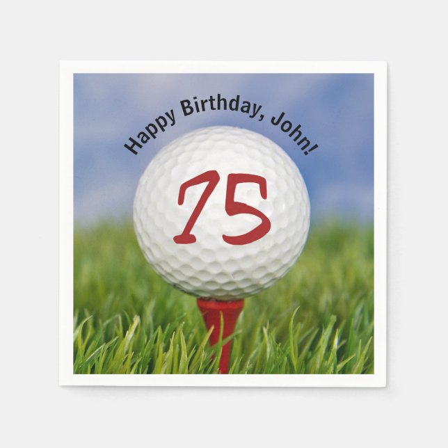Golf ball on tee for 75th birthday napkins (Front)