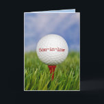 Golf Ball On Tee for Son-in-law's Birthday Card<br><div class="desc">Close up of golf ball on red tee in green grass for Son-in-law's birthday.
Text on ball can be edited.</div>