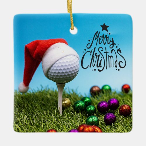 Golf ball on  tee with Santa hat for Christmas  Ceramic Ornament