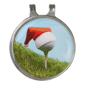 Golf ball on tee with Santa hat for Christmas Golf Hat Clip