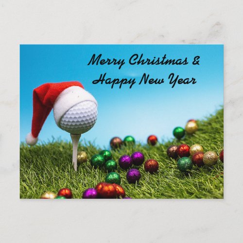 Golf ball on  tee with Santa hat for Christmas Postcard