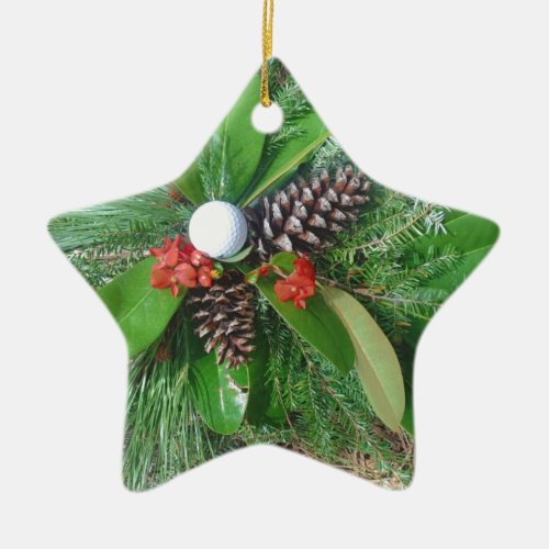 Golf ball pine cones and evergreens Christmas Ceramic Ornament