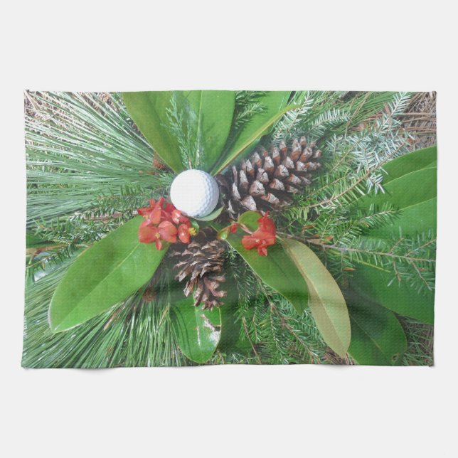 Golf ball pine cones and evergreens Christmas Kitchen Towel (Horizontal)