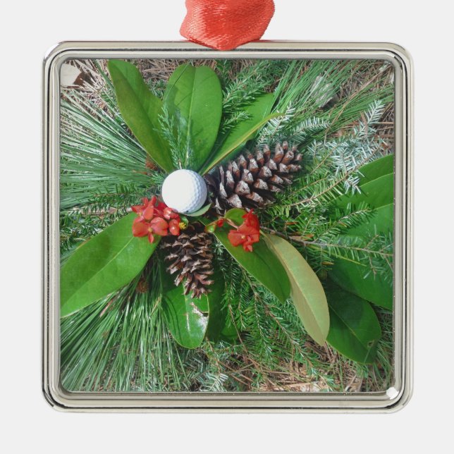 Golf ball pine cones and evergreens Christmas Metal Ornament (Front)