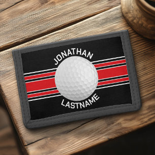 Golf Ball - Red and Black Team Colors and Name Tri-fold Wallet