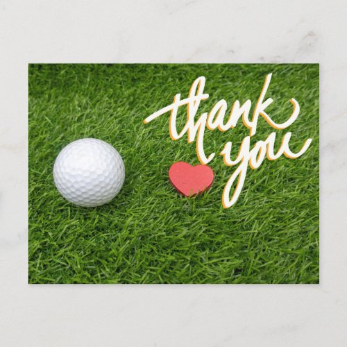 Golf  ball  red heart on green with love thank you postcard