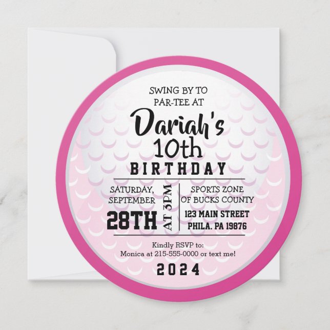 GOLF BALL ROUND PINK Birthday Party Invitation (Front)