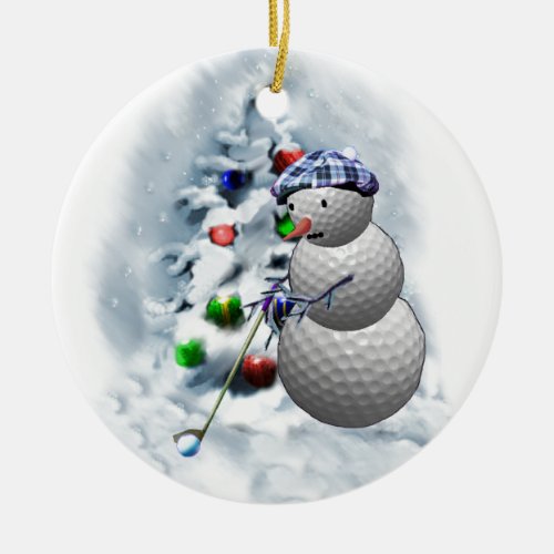Golf Ball Snowman Christmas Ceramic Ornament