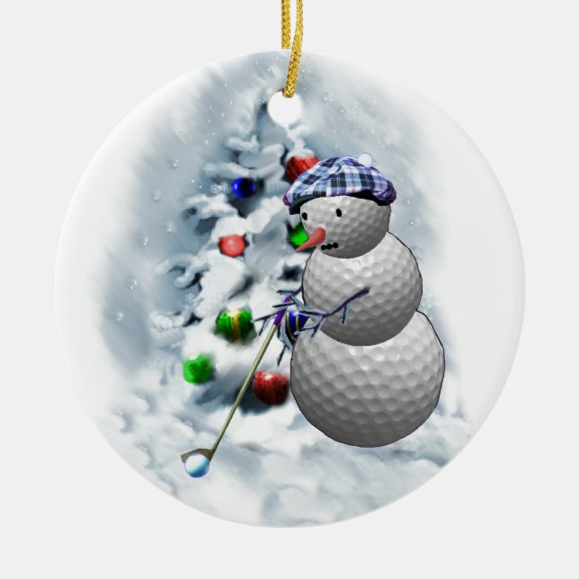 Golf Ball Snowman Christmas Ceramic Ornament (Front)