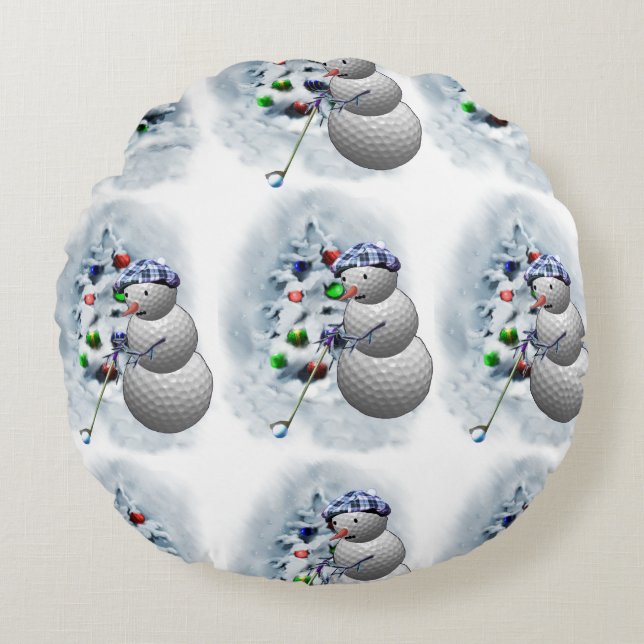 Golf Ball Snowman Christmas Round Pillow (Front)