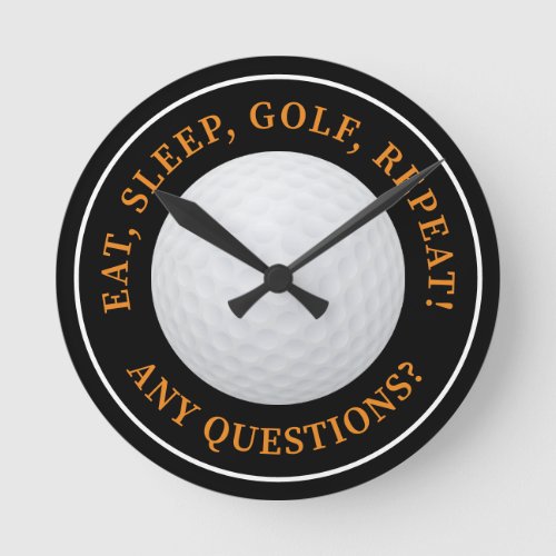Golf Ball Sports Golfing Quote Modern Black Orange Round Clock