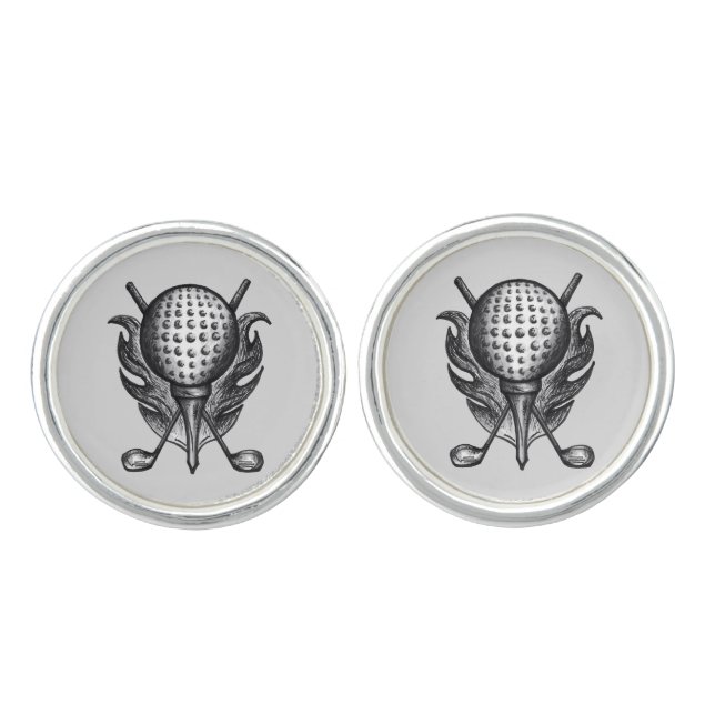 Golf Ball Tee Club Course Golfer Sports Grey Black Cufflinks (Front)