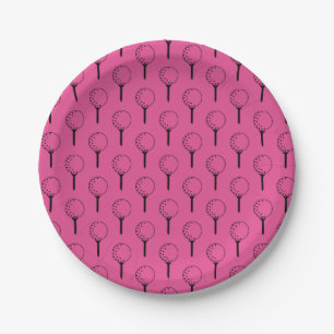 Golf Ball Tee Pattern Pink Classic Golfing Fun Paper Plates