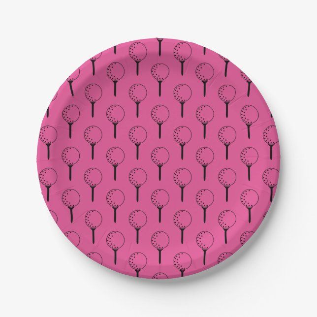 Golf Ball Tee Pattern Pink Classic Golfing Fun Paper Plates (Front)