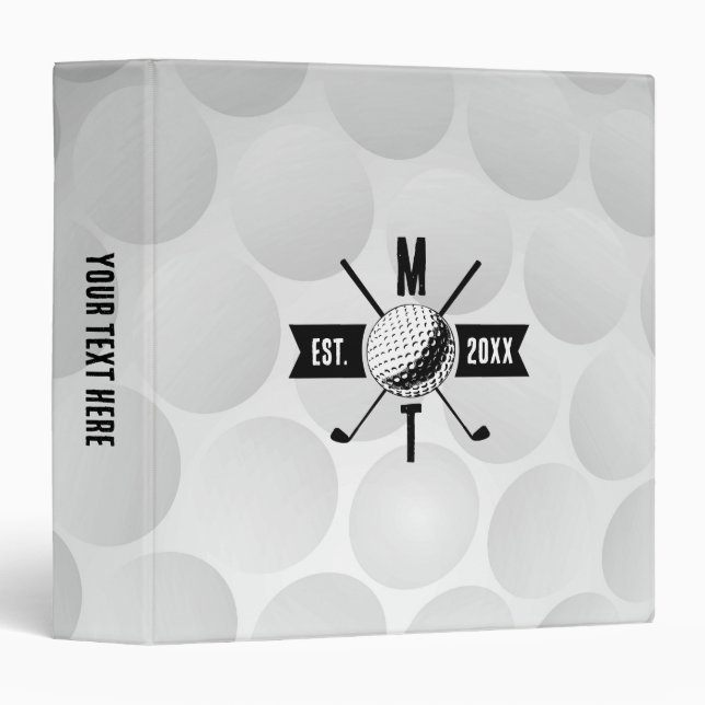 Golf Ball Texture & Club Initial Monogram 3 Ring Binder (Front/Spine)