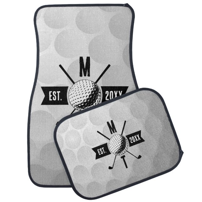 Golf Ball Texture & Club Initial Monogram  Car Floor Mat (Set)