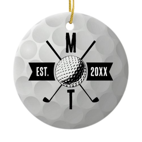 Golf Ball Texture &amp; Club Initial Monogram Ceramic Ornament