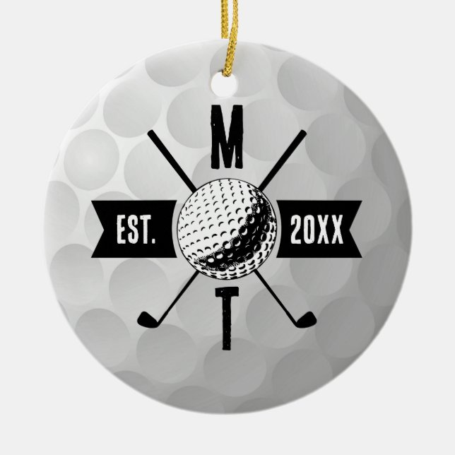 Golf Ball Texture & Club Initial Monogram Ceramic Ornament (Front)