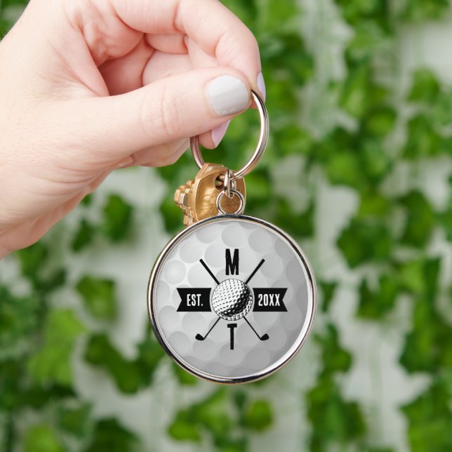 Golf Ball Texture & Club Initial Monogram Keychain (Hand)