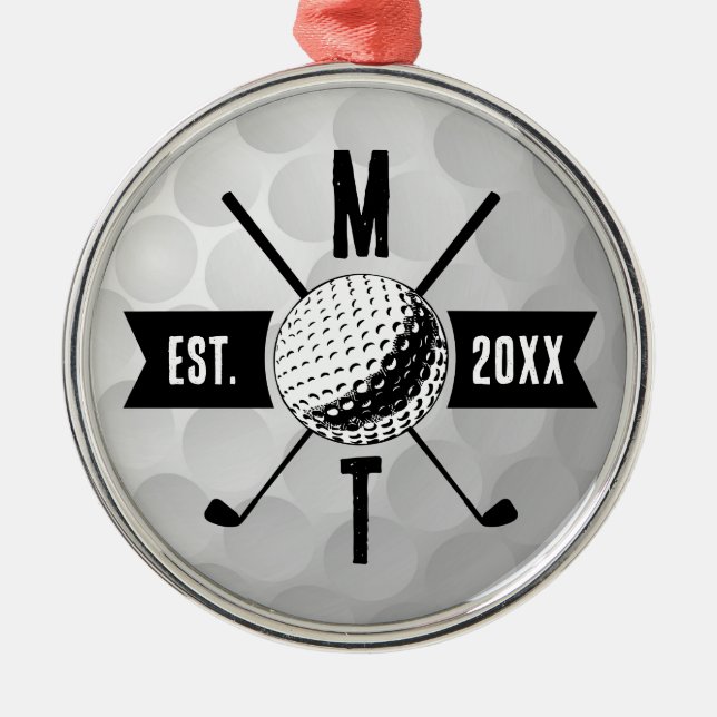 Golf Ball Texture & Club Initial Monogram  Metal Ornament (Front)