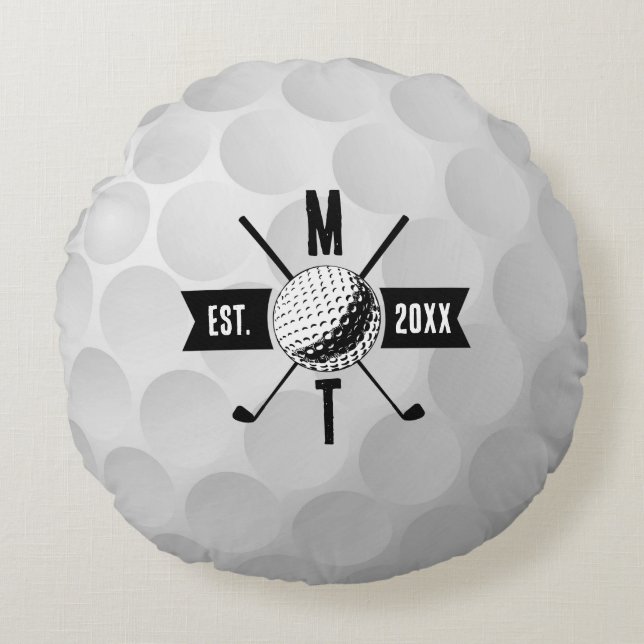 Golf Ball Texture & Club Initial Monogram Round Pillow (Front)