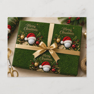 Golf ball wears santa hat for Christmas Holiday Postcard