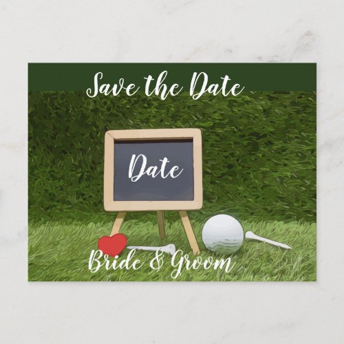 Golf ball with chalkboard save the date postcard