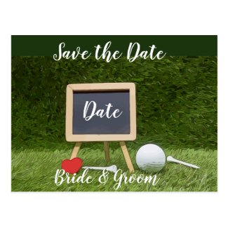 Golf ball with chalkboard save the date postcard