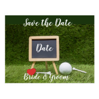 Golf ball with chalkboard save the date postcard