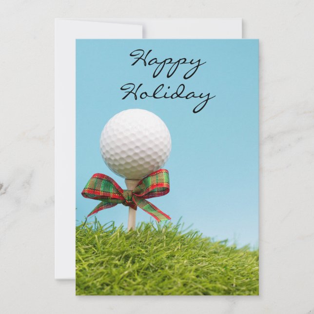 Golf ball with Christmas ribbon is on tee Holiday Card (Front)