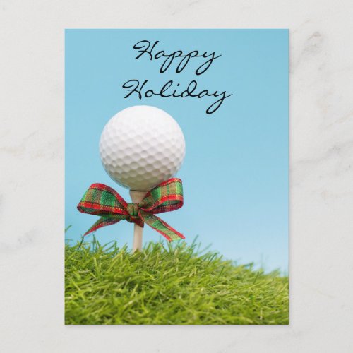 Golf ball with Christmas ribbon is on tee Holiday Postcard