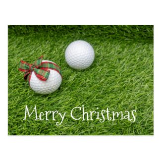 Golf ball with Christmas ribbon on Christmas Postcard
