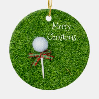 Golf ball with Christmas tee for golfer holiday Ceramic Ornament
