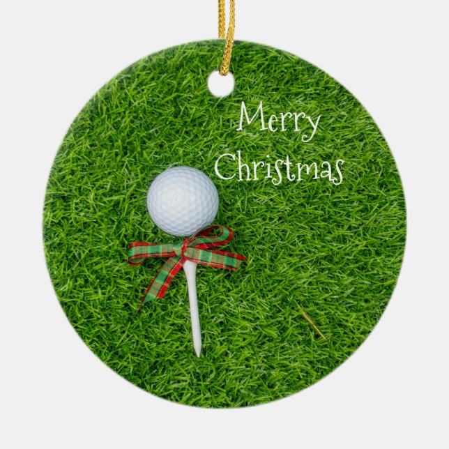 Golf ball with Christmas tee for golfer holiday Ceramic Ornament (Front)