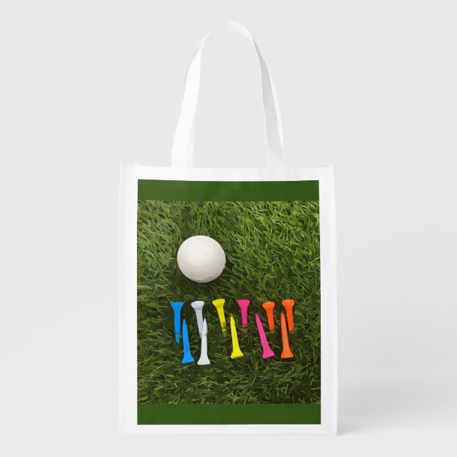 Golf ball with colourful tees are on green grocery bag (Front)
