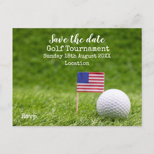 Golf ball with flag of America on green save date Announcement Postcard