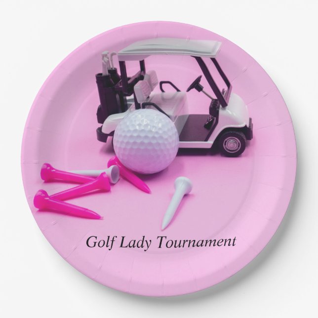 Golf ball with golf cart and pink tee on pink paper plates (Front)