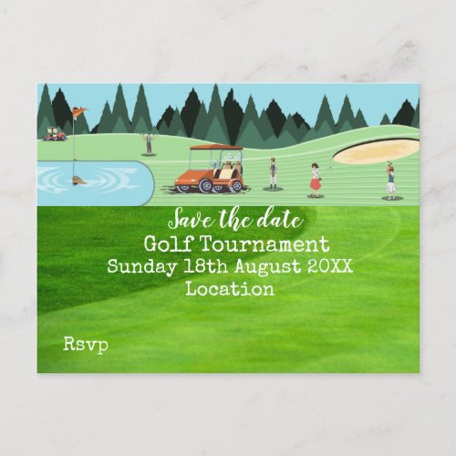 Golf ball with golf club on green save the date an announcement postcard