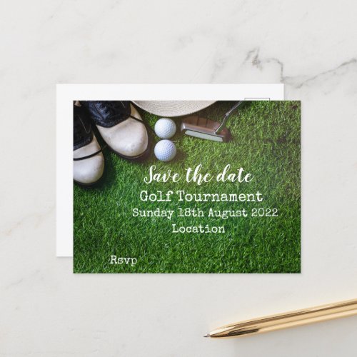 Golf ball with golf club on green save the date an announcement postcard