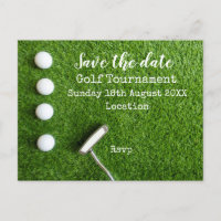 Golf ball with golf club on green save the date an announcement postcard