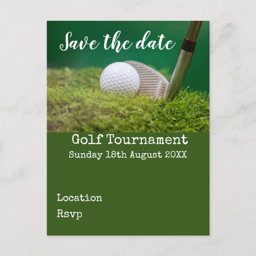 Golf ball with golf club on green save the date an announcement postcard