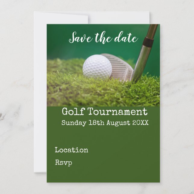 Golf ball with golf club on green save the date an invitation (Front)