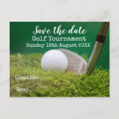 Golf ball with golf club on green save the date announcement postcard (Front)