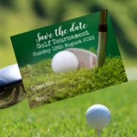 Golf ball with golf club on green save the date