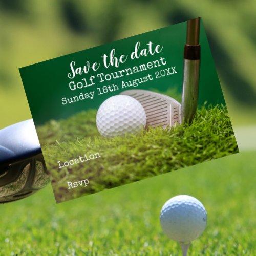 Golf ball with golf club on green save the date announcement postcard
