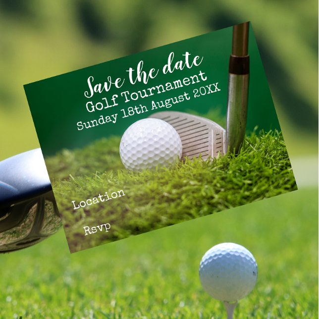 Golf ball with golf club on green save the date announcement postcard